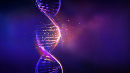紫蓝色的发光 DNA 链，3D 渲染。