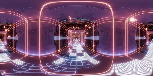 霓虹灯线条摄影照片_数字网络空间，科幻概念隧道，3D 渲染。 