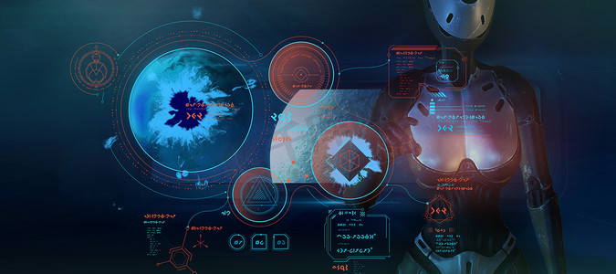 精彩海报摄影照片_带有外星信息图表和人形机器人的精彩海报。 