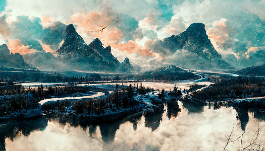 中国风云纹插画摄影照片_飞过河山的鸟儿壁纸插画