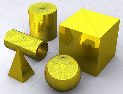 基元摄影照片_3d 基元、长方体、球体、圆柱体、管体和金字塔