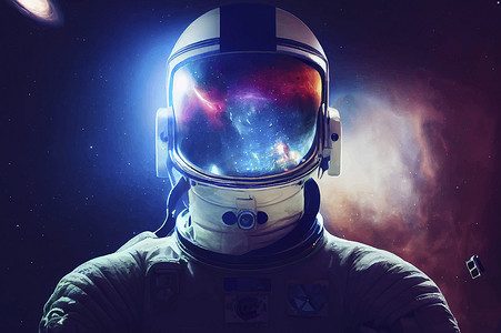 太空中的宇航员和他头盔上星星的倒影。