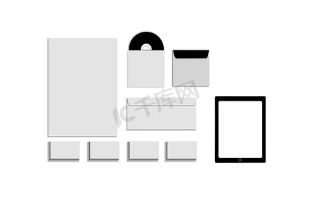 黑白和灰色的文具模型，白色背景上的品牌识别模板。