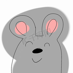 老鼠卡通摄影照片_白色背景上的简单卡通快乐老鼠