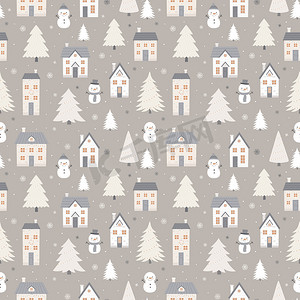 无缝冬季图案与房屋、雪人和冷杉树。