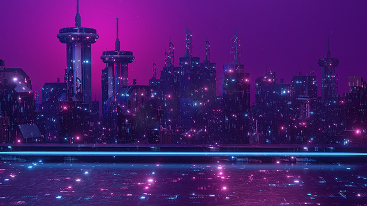科幻霓虹城市夜景黑暗未来科幻城市的全景，蓝色紫色霓虹灯照亮，空旷的空间 3D 插图