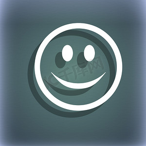 微笑，蓝绿色抽象背景上的快乐脸图标符号，带有阴影和文本空间。