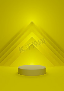 黄色灯光摄影照片_明亮的霓虹黄色 3D 插图简单、最小的产品展示，带有一个圆柱体支架，带有抽象金字塔三角形，背景顶部有灯光