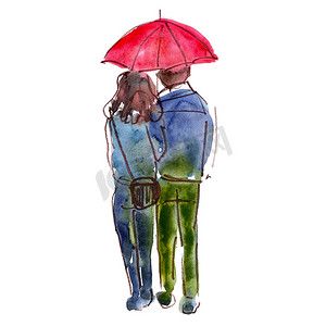 手绘水彩插图：情侣男人和女人在雨伞下行走。