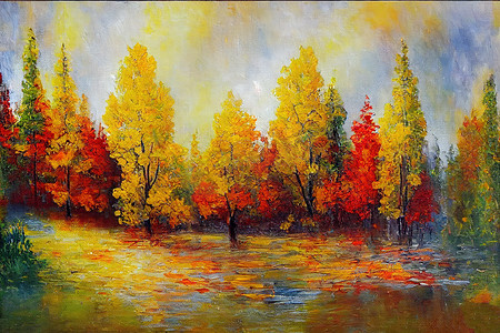 油画风景摄影照片_油画风景-色彩缤纷的秋天树木。