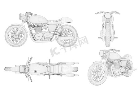 四视图中的线框通用和无品牌摩托车