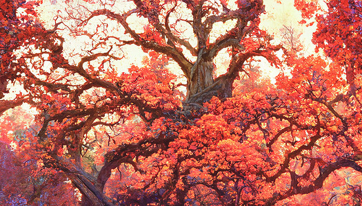 3D 渲染异常巨大的橡树，叶子呈深红色。