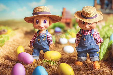 小菜园摄影照片_3D 渲染可爱的小兔子农民穿着工作服在花园里满是蔬菜和复活节彩蛋