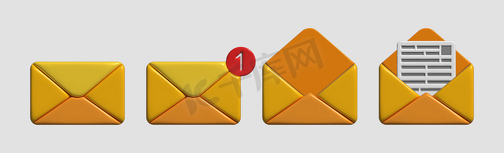 4 件套橙色大信封信件消息 — 3D 插图