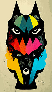 色彩缤纷的狼头与酷孤立的波普艺术风格背景。 