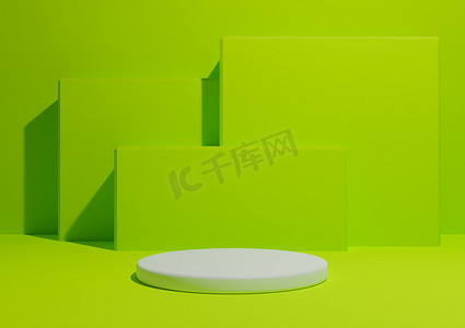 明亮、石灰、霓虹绿、3D 渲染一个简单、最小的产品展示构图背景，背景中有一个讲台或看台和几何方形形状。