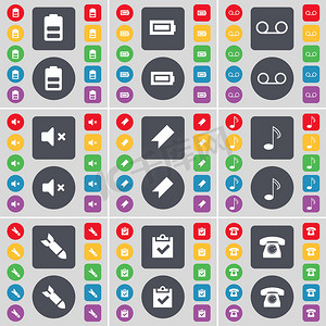 电池、盒式磁带、静音、标记、注释、火箭、调查、复古电话图标符号。