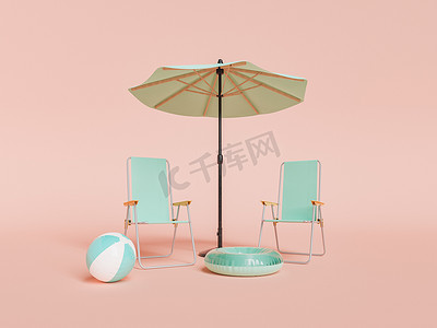 工作室里带沙滩椅和雨伞的游泳管和球