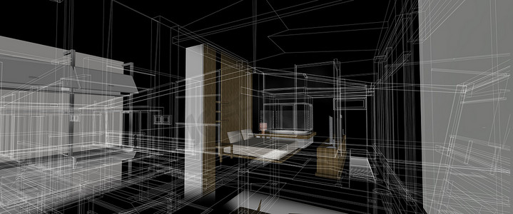 家矢量摄影照片_建筑室内家具设计概念3D透视线框渲染白色背景计算机智能技术