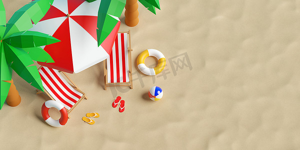 暑假概念，夏季海滩的顶视图，配有海滩伞、椅子和配件，3D 插图