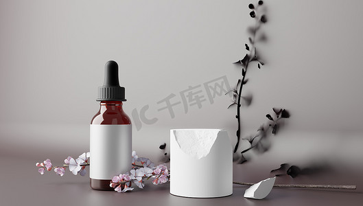 包装表示摄影照片_香水和浴室包装的 3D 表示，具有贴纸颜色背景，用于产品展览的模型和讲台。