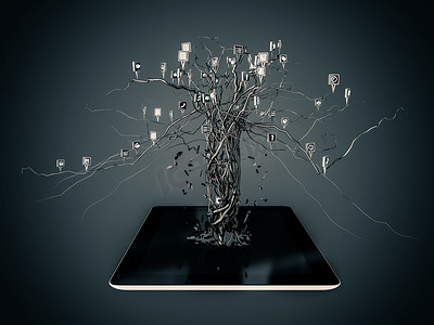 树电子商务摄影照片_社交媒体图标在现代黑色平板电脑上以树形状设置。