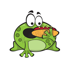 可爱的绿蛙与热狗，白色背景中突显的卡通人物