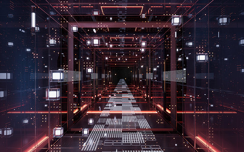 霓虹灯线条摄影照片_数字网络空间，科幻概念隧道，3D 渲染。