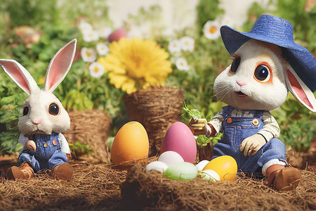 可爱手绘小兔子摄影照片_3D 渲染可爱的小兔子农民穿着工作服在花园里满是蔬菜和复活节彩蛋
