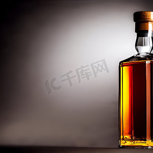 透明玻璃和瓶子上的新鲜威士忌也切成丁冰酒精绘图。