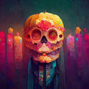 死亡之日，dia de muertos 的美丽彩色插图。