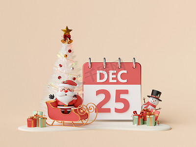 25d装饰摄影照片_12 月 25 日日历的 3d 插图与圣诞老人和圣诞树，圣诞快乐