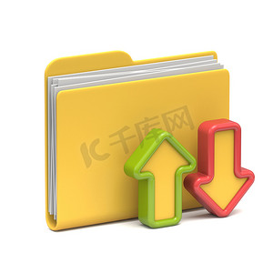 黄色文件夹图标上传和下载概念3D