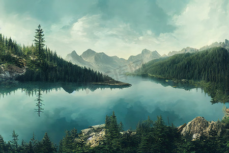 凉的摄影照片_蓝色倒映湖和清澈山凉的全景