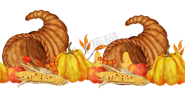 水彩手绘无缝水平边框与聚宝盆黄色南瓜玉米苹果篮，秋季秋叶。