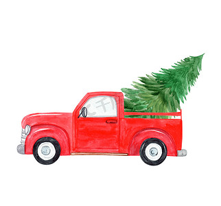 水彩红色卡车与圣诞树交付隔离在白色背景。