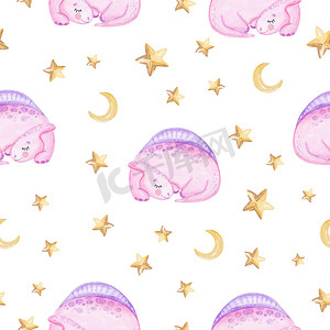 小恐龙背景摄影照片_水彩粉色小恐龙睡觉和白色背景上的星星无缝图案。