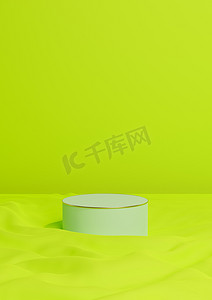 波浪金线摄影照片_明亮、石灰、霓虹绿 3D 渲染最小产品展示一个豪华圆柱讲台或站在波浪纺织产品背景壁纸抽象构图与金线