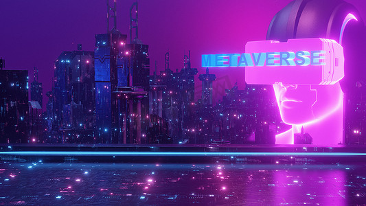 Metaverse VR 虚拟现实人发光霓虹灯赛博朋克区块链城市景观壁纸背景 3d 插图