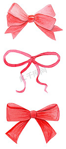 水彩孤立的红丝带和孤立的白色背景上的蝴蝶结