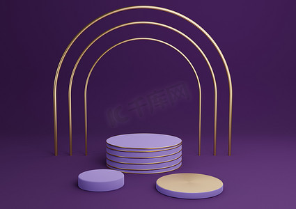 线条金摄影照片_深紫色、紫色 3D 渲染简单产品展示圆柱讲台，配有豪华金拱门和线条三站最小背景抽象构图