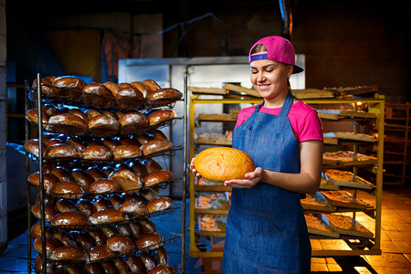 一个面包师女孩在面包店里拿着面包架上的热面包。