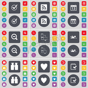 刻度线、RSS、日历、放大镜、连接、游泳者、双筒望远镜、心、调查图标符号。