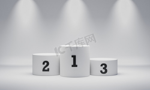 聚光灯背景上的白色圆形圆柱体优胜者领奖台与数字位置。