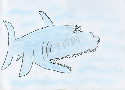 鱼鳍鲨鱼摄影照片_儿童画一条又老又悲伤的鲨鱼