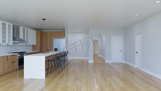 白色可视化摄影照片_铺有木地板的厨房的 3D 可视化。