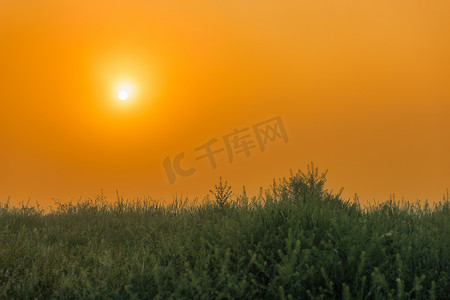 变天说地摄影照片_清晰的金色渐变天空中升起的太阳，模糊前景中的绿草