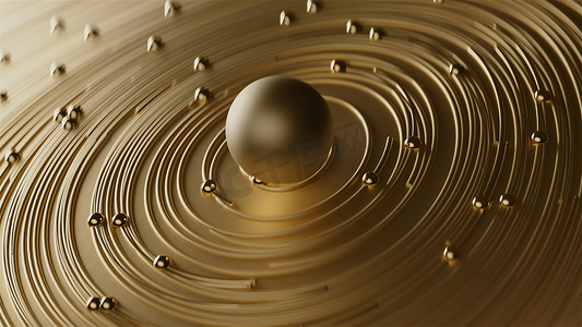 金色粒子线条背景摄影照片_3d 渲染圆线中的卷曲金色抽象与模糊散景背景上的粒子