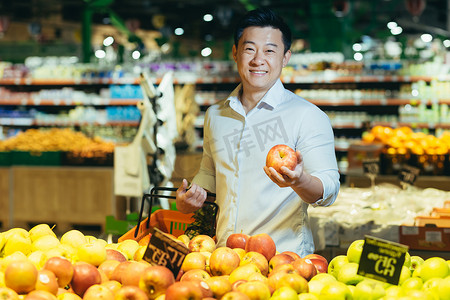 选择客户端摄影照片_亚洲超市买家的肖像，男人选择苹果水果并放入篮子