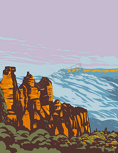 蓝山国家公园、三姐妹贾米森谷和孤山（Echo Point） 悉尼 新南威尔士州 澳大利亚 WPA 海报艺术